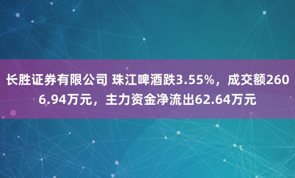 长胜证券有限公司 珠江啤酒跌3.55%,成交额2606.94万元,主力资金净流出62.64万元